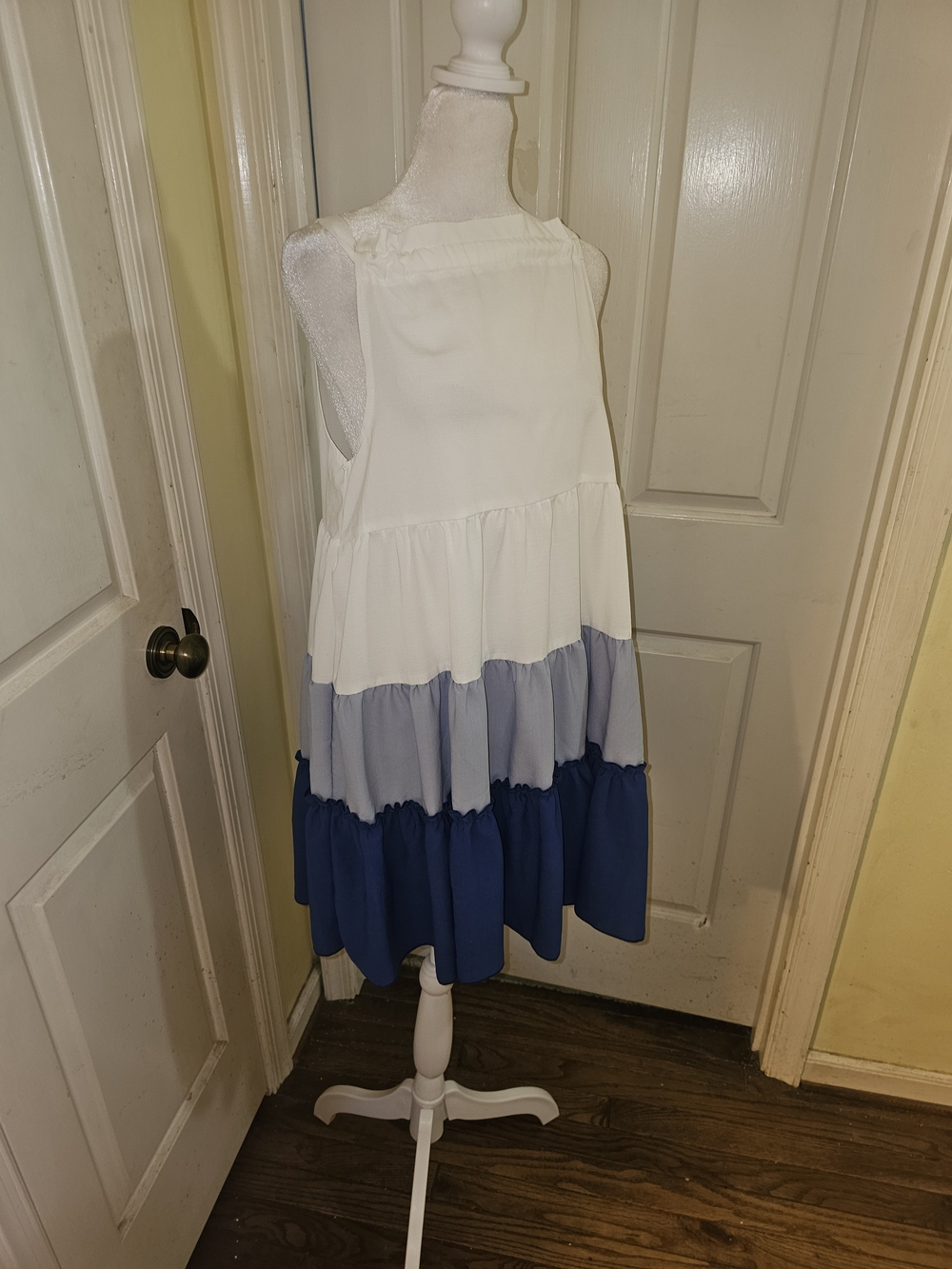 HYFVE Tiered Midi Dress in White, Light Blue & Navy